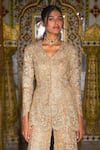 Shop_Dash And Dot_Gold Polyester Embroidery V-neck Lace Peplum Tunic And Sharara Set _at_Aza_Fashions