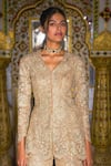 Dash And Dot_Gold Polyester Embroidery V-neck Lace Peplum Tunic _Online_at_Aza_Fashions