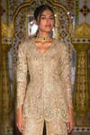 Shop_Dash And Dot_Gold Polyester Embroidery V-neck Lace Peplum Tunic _at_Aza_Fashions