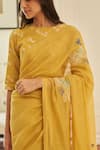 Vaayu_Yellow Muslin, Cotton Rue Floral Threadwork Saree With Unstitched Blouse Piece _Online_at_Aza_Fashions