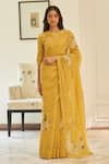 Buy_Vaayu_Yellow Muslin, Cotton Rue Floral Threadwork Saree With Unstitched Blouse Piece _at_Aza_Fashions