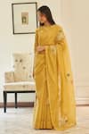 Shop_Vaayu_Yellow Muslin, Cotton Rue Floral Threadwork Saree With Unstitched Blouse Piece _Online_at_Aza_Fashions
