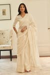 Buy_Vaayu_Beige Embroidery Swan Saree With Unstitched Blouse Piece _at_Aza_Fashions