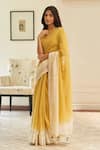 Shop_Vaayu_Yellow Muslin Embroidery Rue Ombre Saree With Unstitched Blouse Piece _Online_at_Aza_Fashions