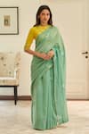 Buy_Vaayu_Mint Muslin, Cotton Embroidery Floral Pattern Saree With Unstitched Blouse Piece _at_Aza_Fashions