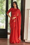 Buy_Vaayu_Red Cotton Applique Poppy Embroidered Saree With Unstitched Blouse Piece _at_Aza_Fashions