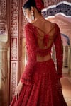 Shop_Seema Gujral_Red Net Beads, Sequins Leaf Neck Tonal Embroidered Bridal Lehenga Set _at_Aza_Fashions