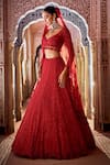 Buy_Seema Gujral_Red Net Beads, Sequins Leaf Neck Tonal Embroidered Bridal Lehenga Set _at_Aza_Fashions