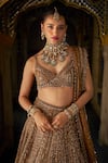 Seema Gujral_Gold Tissue, Silk, Organza Crystals, Beads V-neck Embroidered Lehenga Set _Online_at_Aza_Fashions