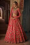 Buy_Seema Gujral_Red Silk, Net Crystals, Zari, Sequins, Embroidery V-neck Bridal Lehenga Set _at_Aza_Fashions
