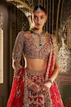 Seema Gujral_Red Silk, Net Sequins, Embroidery, Zari V-neck Zardozi Lehenga Set _Online_at_Aza_Fashions