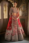 Buy_Seema Gujral_Red Silk, Net Sequins, Embroidery, Zari V-neck Zardozi Lehenga Set _at_Aza_Fashions