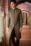 Shop_Seema Gujral_Olive Green Silk Embroidery Geometric Work Sherwani Kurta Set _at_Aza_Fashions