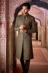 Buy_Seema Gujral_Olive Green Silk Embroidery Geometric Work Sherwani Kurta Set _at_Aza_Fashions