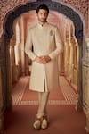 Buy_Seema Gujral_Gold Silk Brooches, Embroidery Tonal Floral Sherwani Set _at_Aza_Fashions