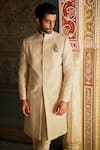 Shop_Seema Gujral_Gold Silk Brooches, Embroidery Tonal Floral Sherwani Set _at_Aza_Fashions
