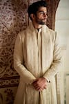 Buy_Seema Gujral_Gold Silk Brooches, Embroidery Tonal Floral Sherwani Set _Online_at_Aza_Fashions