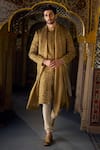Buy_Seema Gujral_Gold Tissue, Silk, Cotton Embroidery Floral Sherwani Set _at_Aza_Fashions
