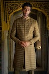 Shop_Seema Gujral_Gold Silk Embroidery Geometric Work Sherwani Kurta Set _at_Aza_Fashions