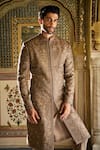 Shop_Seema Gujral_Slate Silk Embroidery Sherwani Set _at_Aza_Fashions