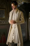 Shop_Seema Gujral_Cream Silk Embroidery Sherwani Set _at_Aza_Fashions