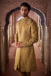 Shop_Seema Gujral_Gold Tissue, Silk Embroidery Sherwani Set _at_Aza_Fashions