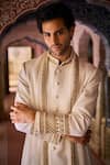 Shop_Seema Gujral_Ivory Silk, Cotton Embroidery Placement Sherwani Set _at_Aza_Fashions