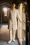 Buy_Seema Gujral_Ivory Silk, Cotton Embroidery, Brooches, Sequins Jaal Sherwani Kurta Set _at_Aza_Fashions
