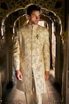 Shop_Seema Gujral_Ivory Silk, Cotton Embroidery, Brooches, Sequins Jaal Sherwani Kurta Set _at_Aza_Fashions