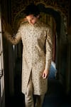 Shop_Seema Gujral_Beige Silk Embroidery Floral Sherwani Set _at_Aza_Fashions