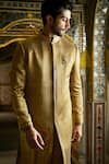 Shop_Seema Gujral_Green Silk Embroidery, Brooches Textured Sherwani Set _at_Aza_Fashions