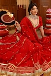 Shop_Sanam_Red Chanderi Mirrors, Zari, Embroidery V-neck Lehenga Set _Online_at_Aza_Fashions