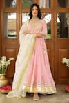 Buy_Sanam_Pink Chanderi Zari, Mirrors V-neck Zardozi Embroidered Angarkha Set _at_Aza_Fashions