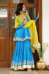 Shop_Sanam_Blue Chanderi Embroidery, Mirrors, Gota Patti V-neck Peplum Kurta Sharara Set _Online_at_Aza_Fashions