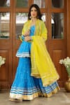 Sanam_Blue Chanderi Embroidery, Mirrors, Gota Patti V-neck Peplum Kurta Sharara Set _at_Aza_Fashions