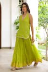 Shop_Sanam_Green Chanderi Mirrors Halter Neck Work Kurta And Skirt Set _Online_at_Aza_Fashions