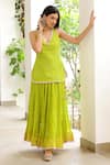 Buy_Sanam_Green Chanderi Mirrors Halter Neck Work Kurta And Skirt Set _at_Aza_Fashions