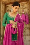 Buy_Sanam_Green Chanderi Zari, Mirrors Round Neck Gota Embroidered Kurta Sharara Set _Online_at_Aza_Fashions