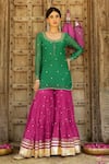 Buy_Sanam_Green Chanderi Zari, Mirrors Round Neck Gota Embroidered Kurta Sharara Set _Online