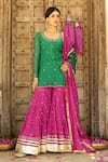 Buy_Sanam_Green Chanderi Zari, Mirrors Round Neck Gota Embroidered Kurta Sharara Set _at_Aza_Fashions