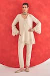 Buy_Ridhima Bhasin_Ivory Chanderi, Crepe Embroidery Split V-neck Daya Kurta And Dhoti Pant Set _at_Aza_Fashions