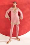 Shop_Ridhima Bhasin_Pink Chanderi, Crepe Embroidery Split V-neck Suhana Kurta Set _at_Aza_Fashions