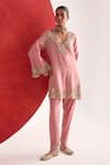 Buy_Ridhima Bhasin_Pink Chanderi, Crepe Embroidery Split V-neck Suhana Kurta Set _at_Aza_Fashions