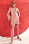 Buy_Ridhima Bhasin_Pink Chanderi, Crepe Embroidery Split V-neck Suhana Kurta Set _Online_at_Aza_Fashions