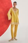 Buy_Ridhima Bhasin_Yellow Chanderi, Crepe Lace, Embroidery V-neck Farzana Short Kurta Set _at_Aza_Fashions