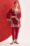 Buy_Ridhima Bhasin_Red Chanderi, Crepe Embroidery V-neck Nazm Kurta Set _at_Aza_Fashions