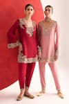 Shop_Ridhima Bhasin_Red Chanderi, Crepe Embroidery V-neck Nazm Kurta Set _Online_at_Aza_Fashions