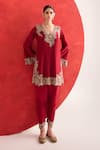 Shop_Ridhima Bhasin_Red Chanderi, Crepe Embroidery V-neck Nazm Kurta Set _at_Aza_Fashions
