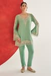 Buy_Ridhima Bhasin_Aqua Chanderi, Crepe Embroidery V-neck Kavya Kurta Set _at_Aza_Fashions