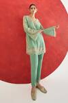 Shop_Ridhima Bhasin_Aqua Chanderi, Crepe Embroidery V-neck Kavya Kurta Set _at_Aza_Fashions